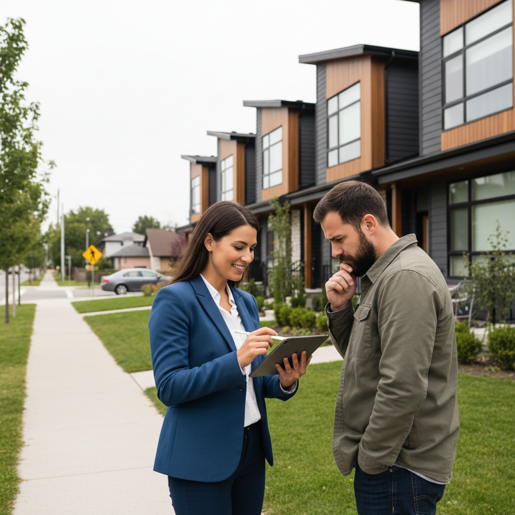 Realtor and homebuyer reviewing a tablet in front of Metro Vancouver townhomes during a focused cluster tour in Surrey