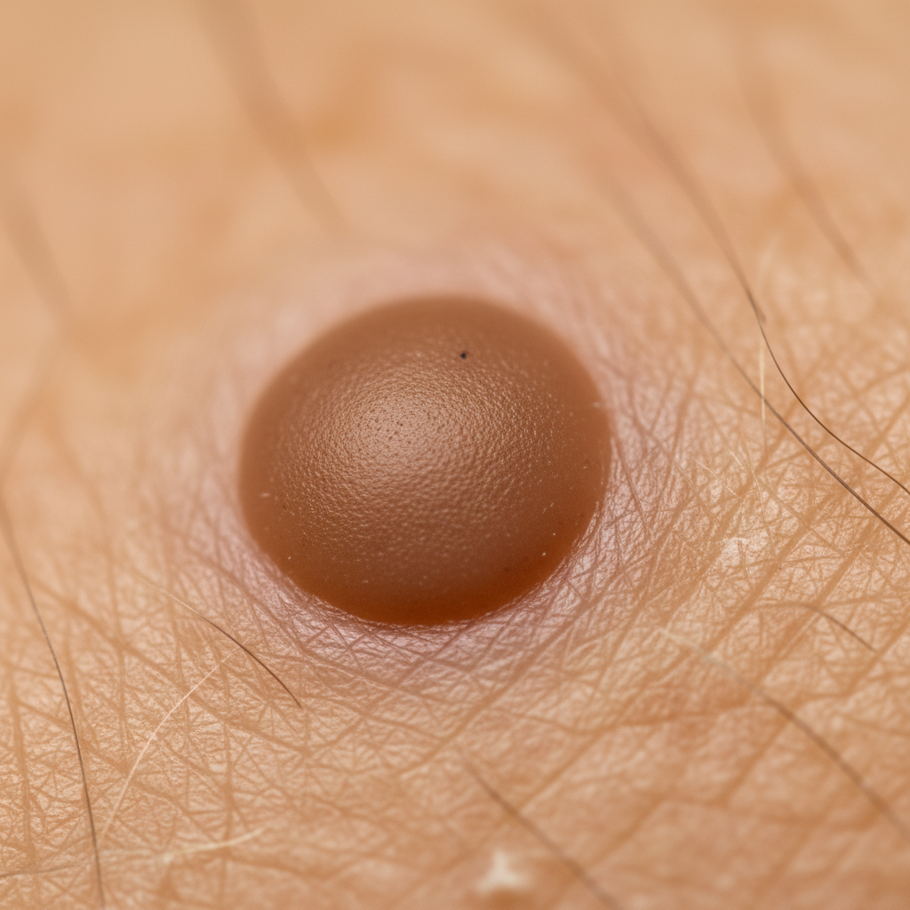 Close-up macro of a benign skin mole for body moles reading meanings with clear skin texture in soft light