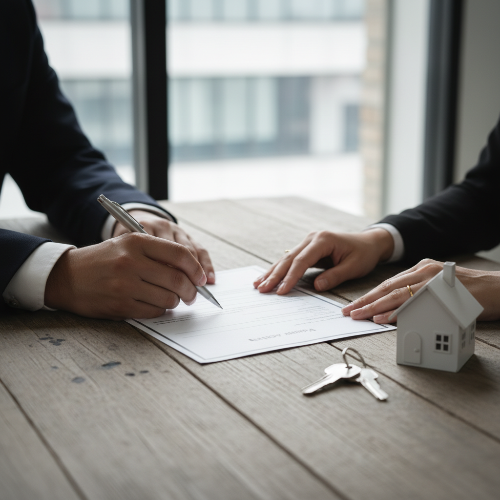 Close-up of a seller representative reviewing a listing agreement with house keys on the table, highlighting listing agent duties in the GTA