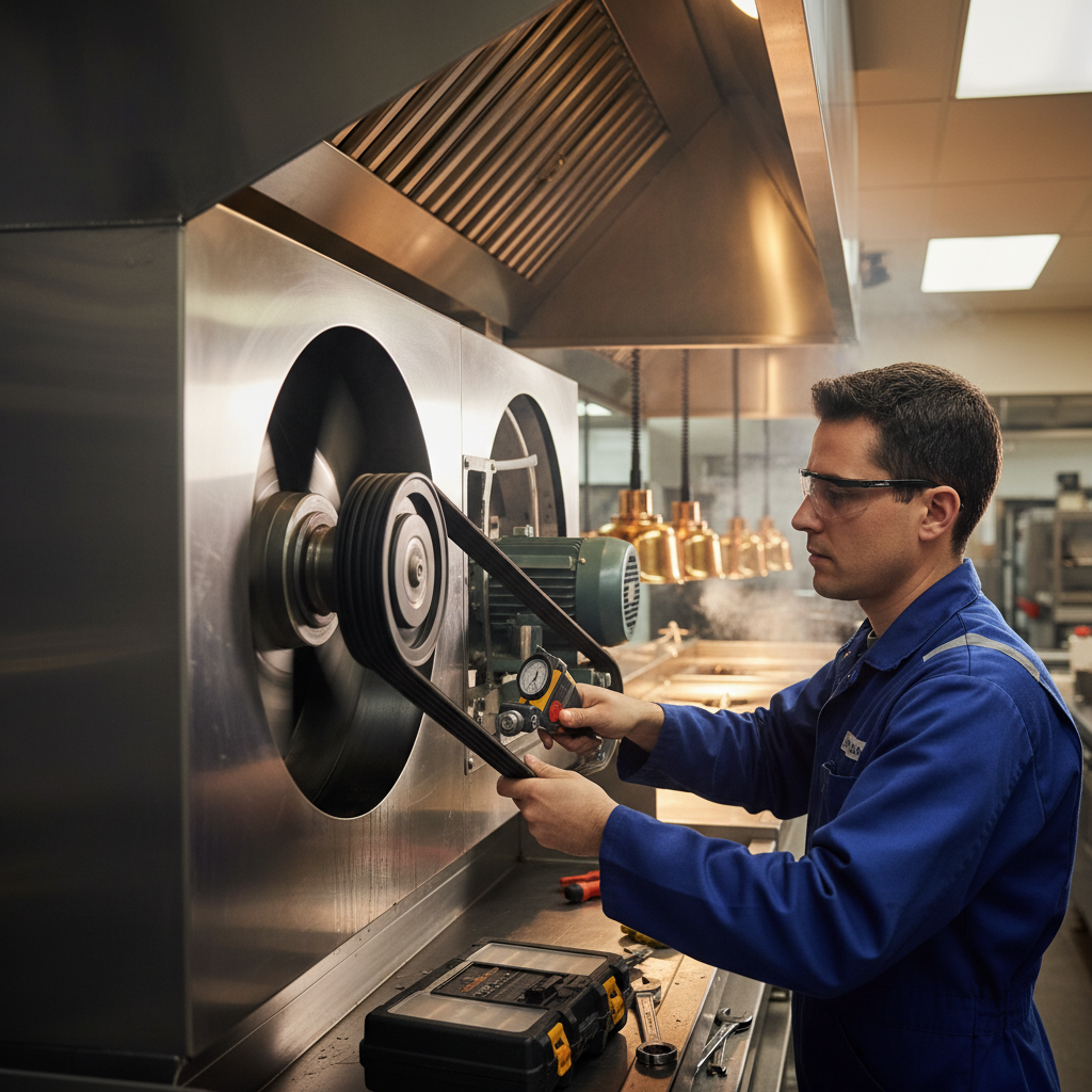 Technician measuring commercial kitchen exhaust fan belt tension and pulley alignment inside a stainless hood plenum during maintenance in Ontario