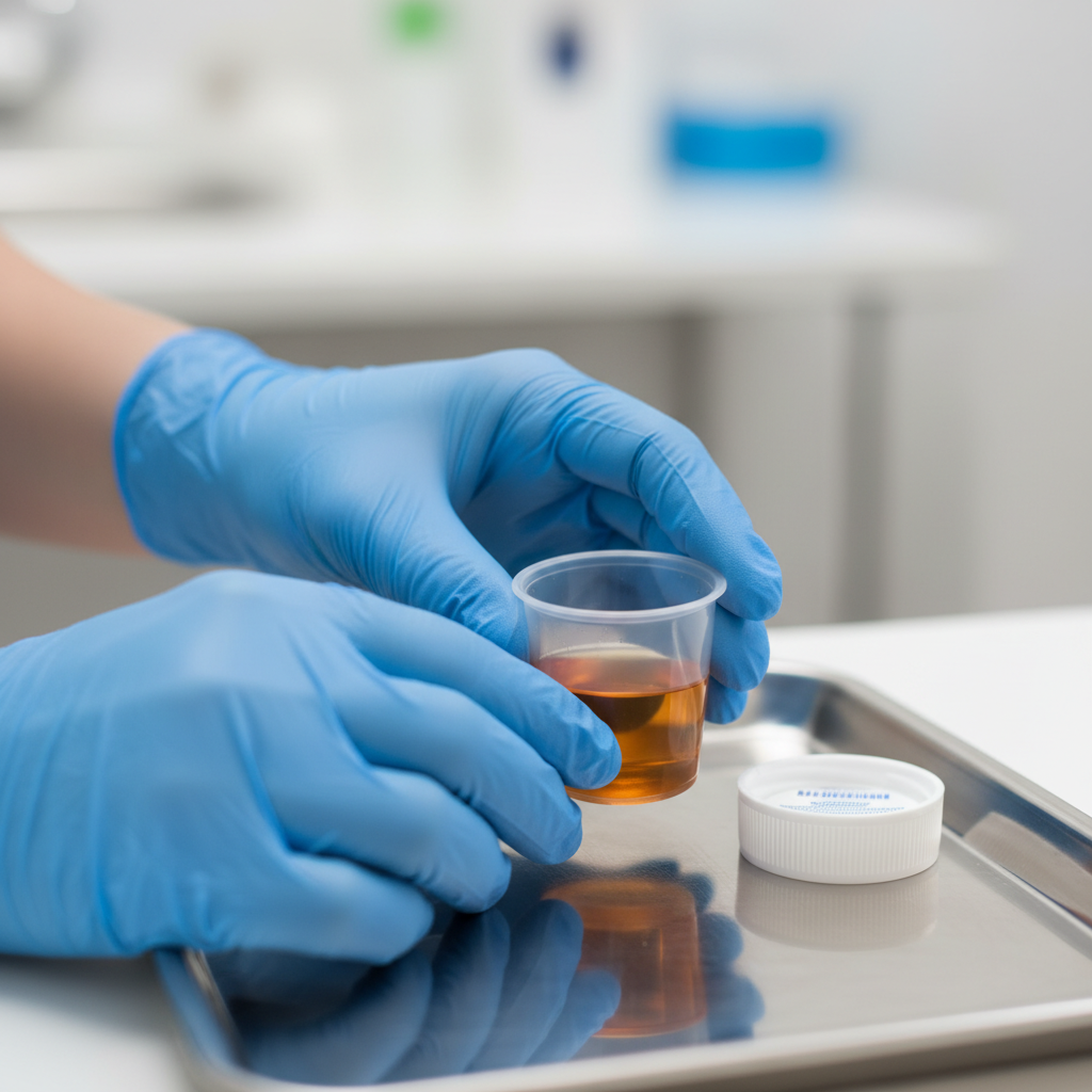 Nurse preparing a methadone dose in a medication cup during supervised OAT visit