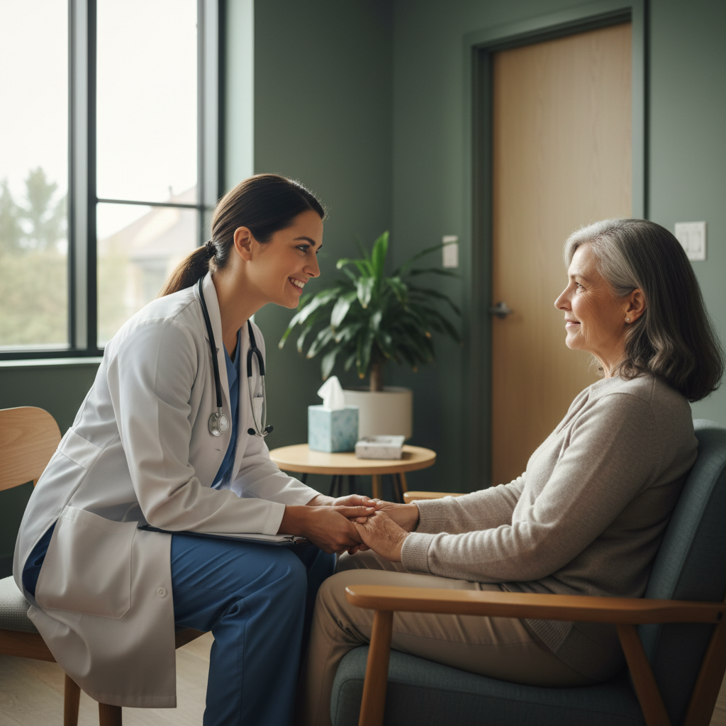 Private consultation in an Ontario outpatient clinic for OAT, nurse and patient discussing next steps