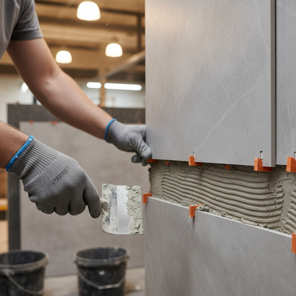 Bathroom Remodel Cost: What Your Budget Can Cover Today 1 Close-up of shower wall tile installation with notched trowel and spacers, illustrating bathroom remodel cost drivers like tile format and labor steps