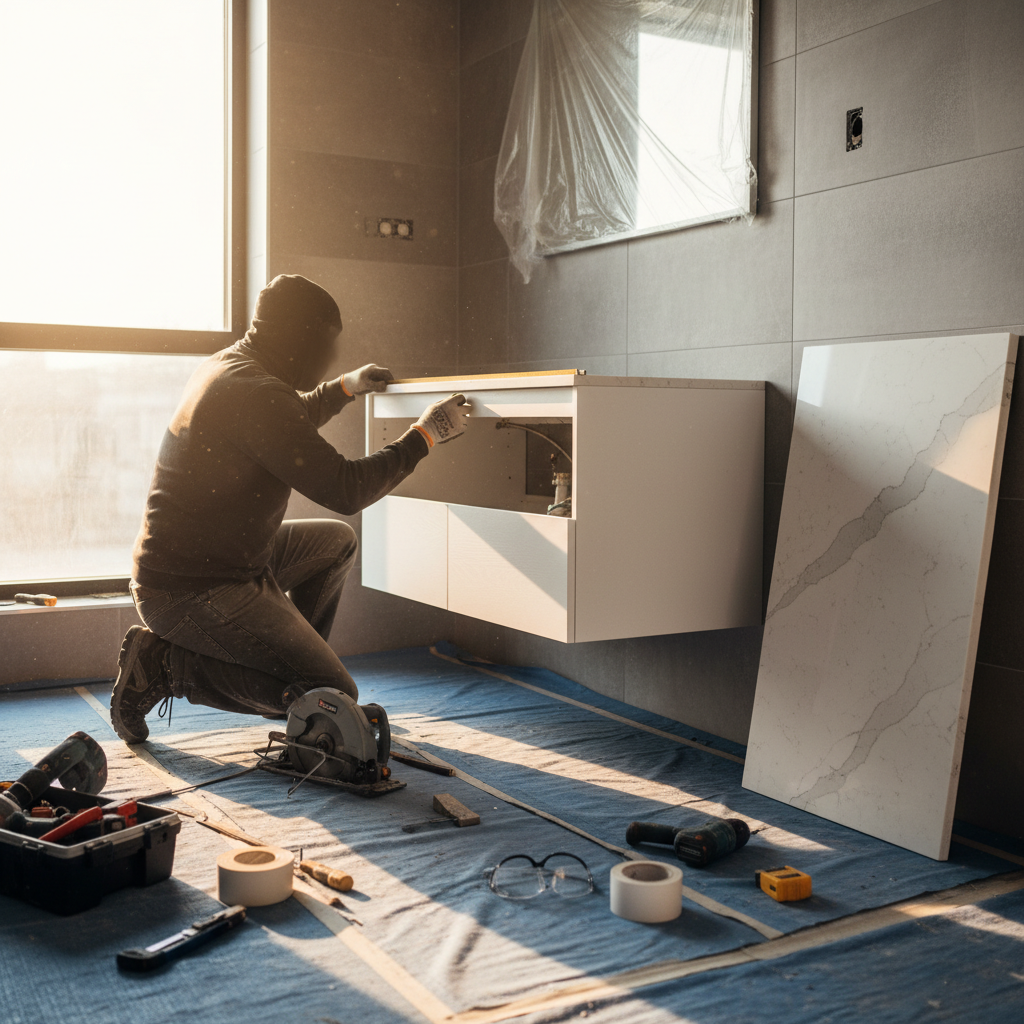 Bathroom Remodel Cost: What Your Budget Can Cover Today 2 Contractor measuring a floating vanity cabinet for quartz countertop during a bathroom remodel, showing the importance of precise planning and sequencing