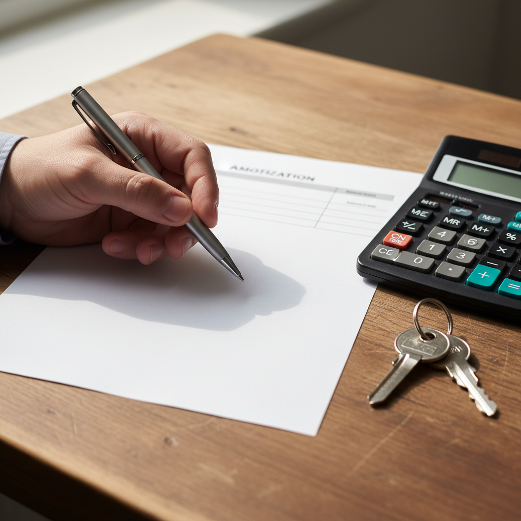 Close-up of amortization worksheet, calculator, and house keys illustrating how to estimate a monthly mortgage payment with an amortization calculator