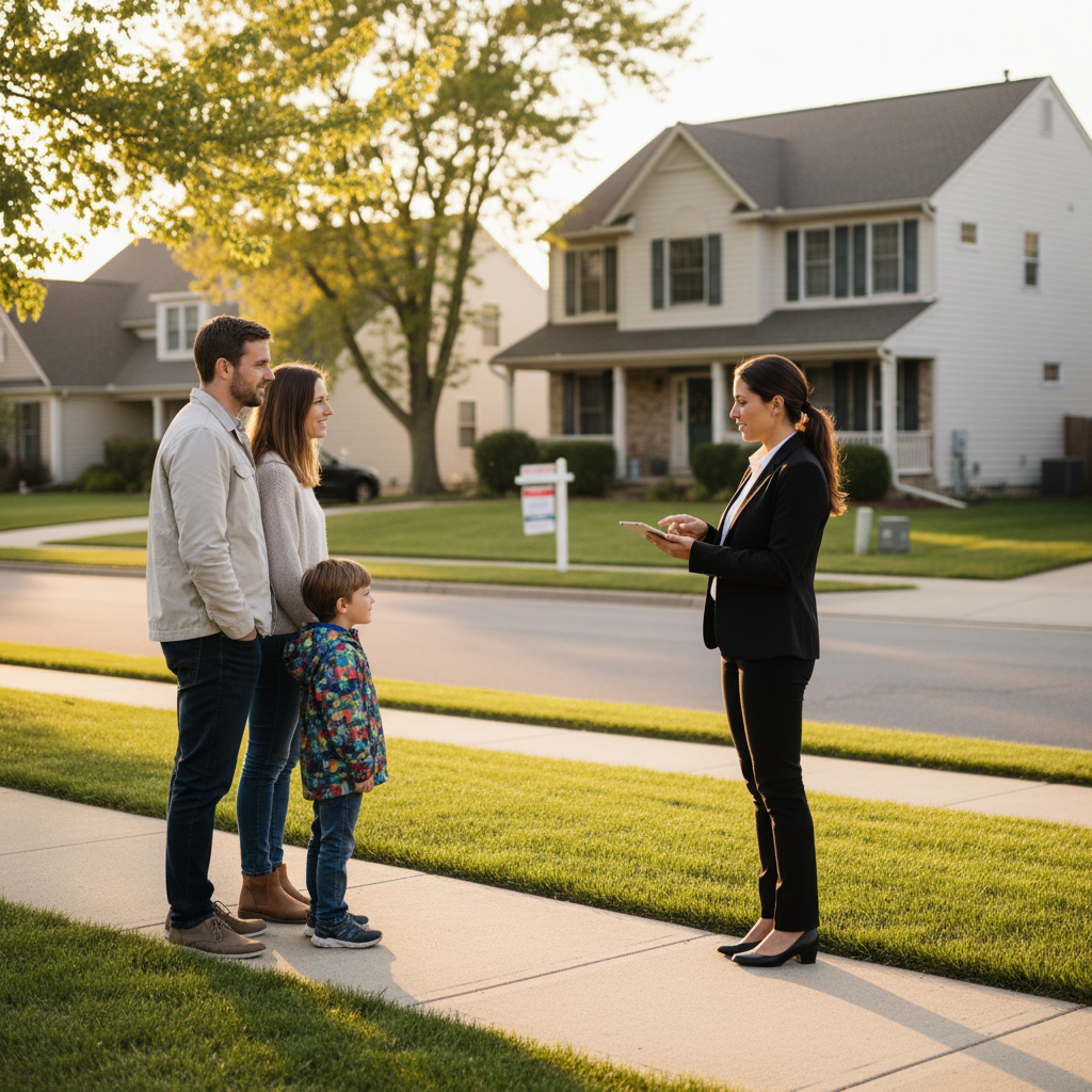 Young family reviewing a for-sale home with their real estate agent, illustrating how an estimated monthly mortgage payment guides smart touring decisions