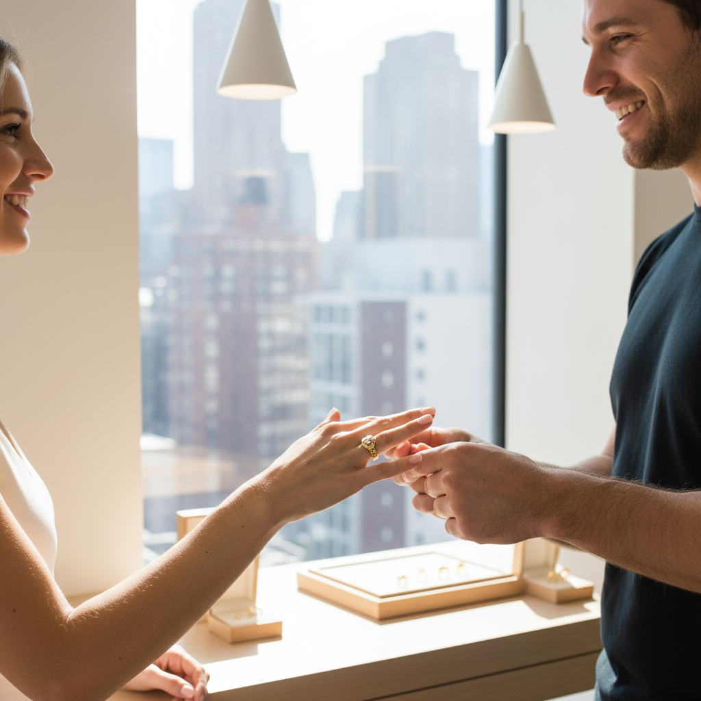 Couple in a New York showroom trying on matching custom made wedding rings near a bright window with the city skyline softly blurred in the background