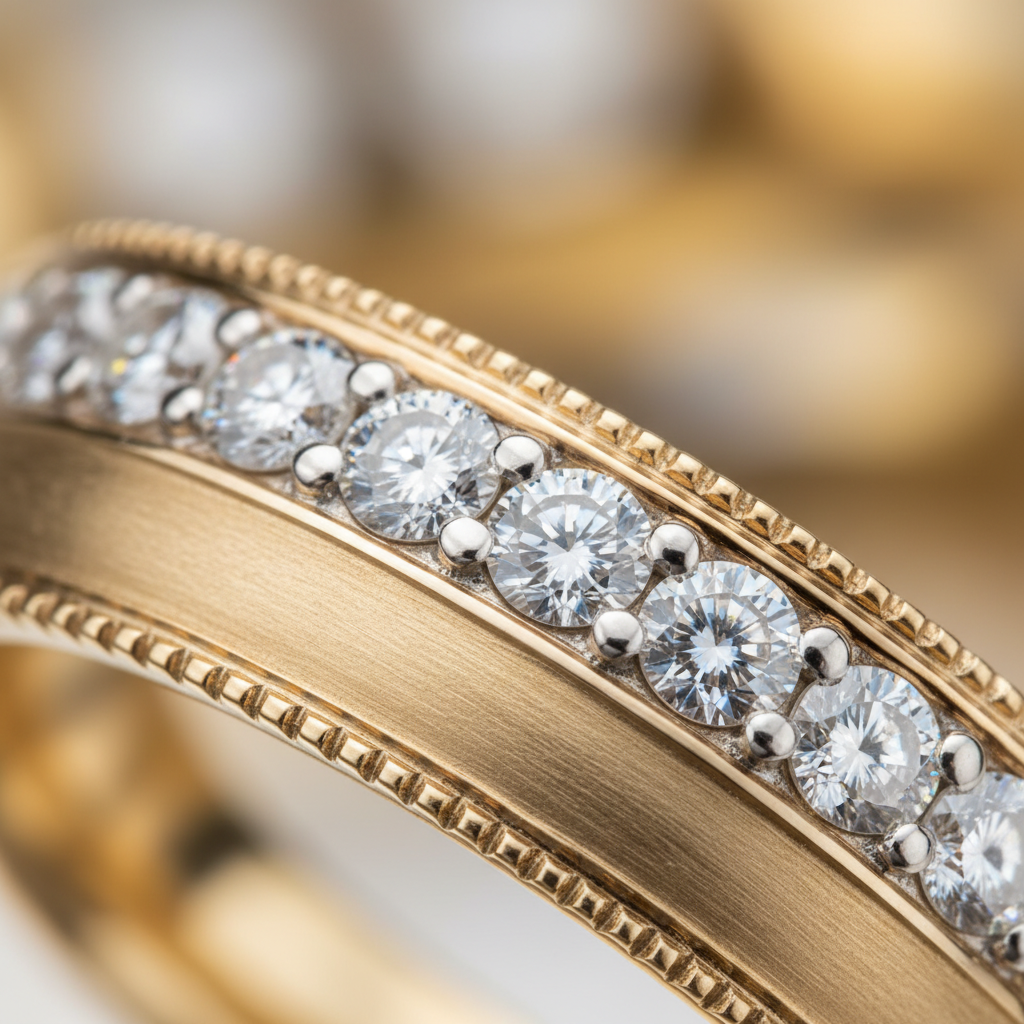 Close-up of a custom made wedding ring with pavé lab-grown diamonds and milgrain edge in 14k gold, showcasing craftsmanship and secure micro-prongs