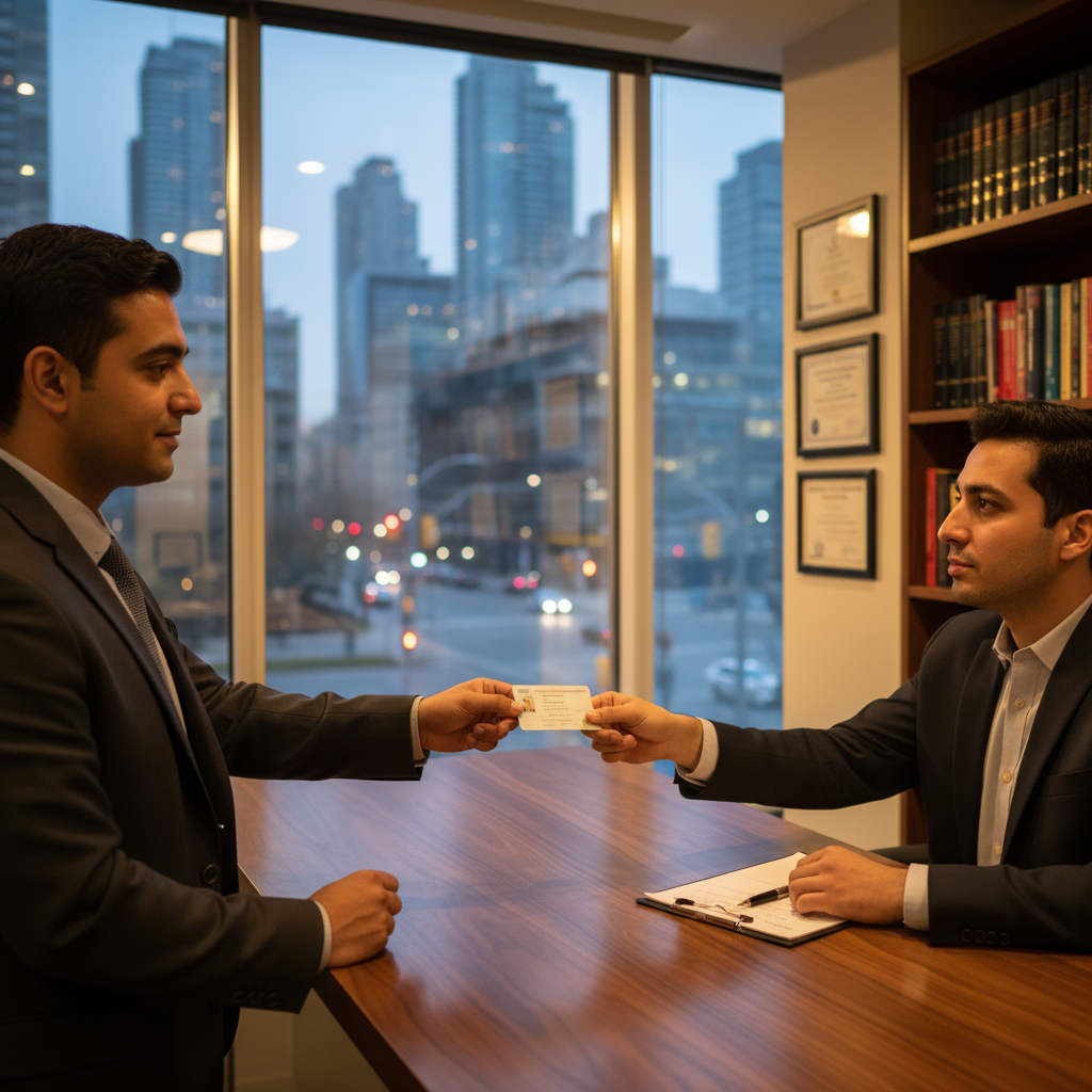 Client presenting photo ID to a commissioner of oaths at an Etobicoke law office counter