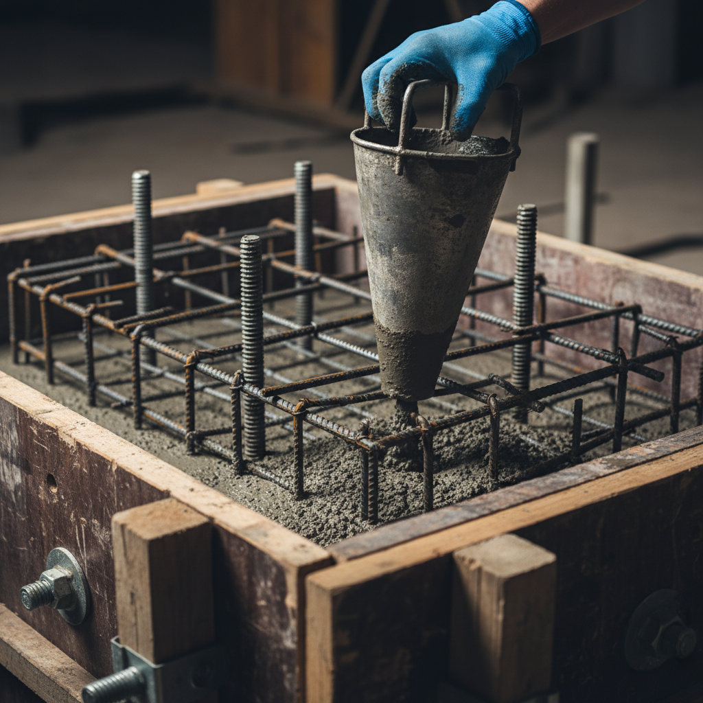 Close-up of reinforced concrete footing and rebar cage during building construction in Texas