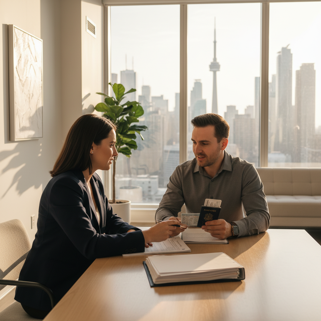 Immigration consultant in Mississauga reviewing Canadian work permit fee receipts with client