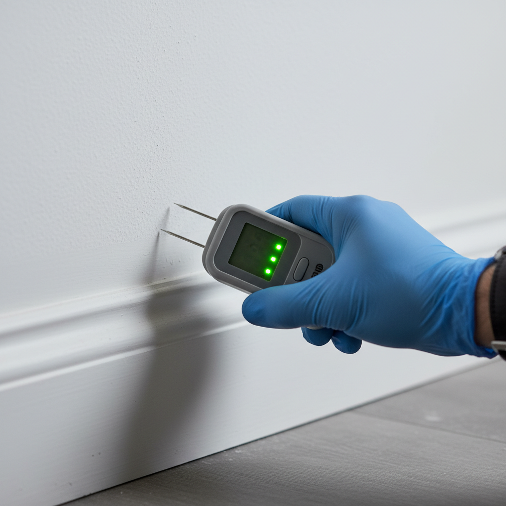 Close-up moisture meter during pre-purchase home inspection checking drywall near baseboard for hidden leaks in GTA home
