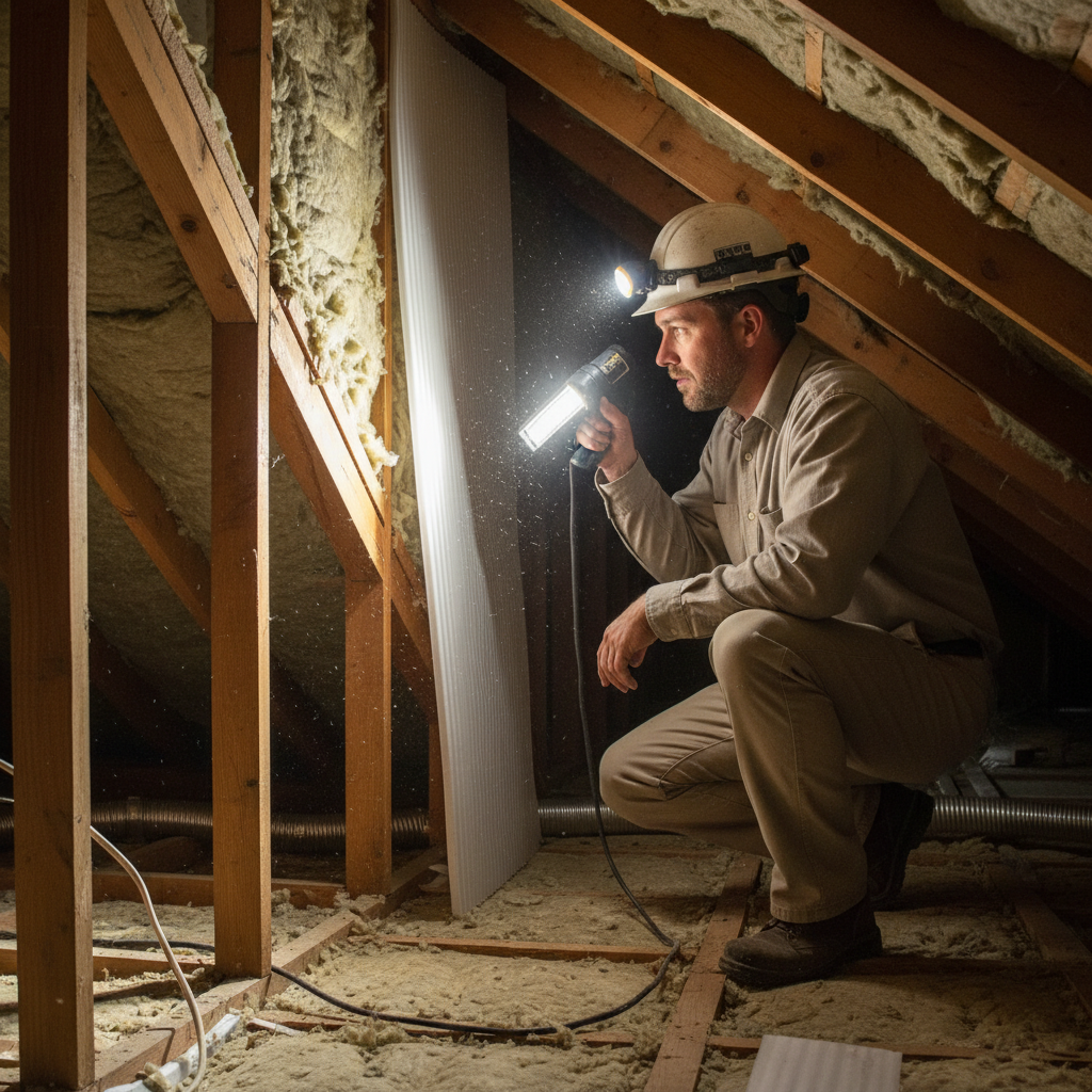 Inspector in attic during pre-purchase home inspection reviewing insulation and ventilation baffles for GTA homebuyers