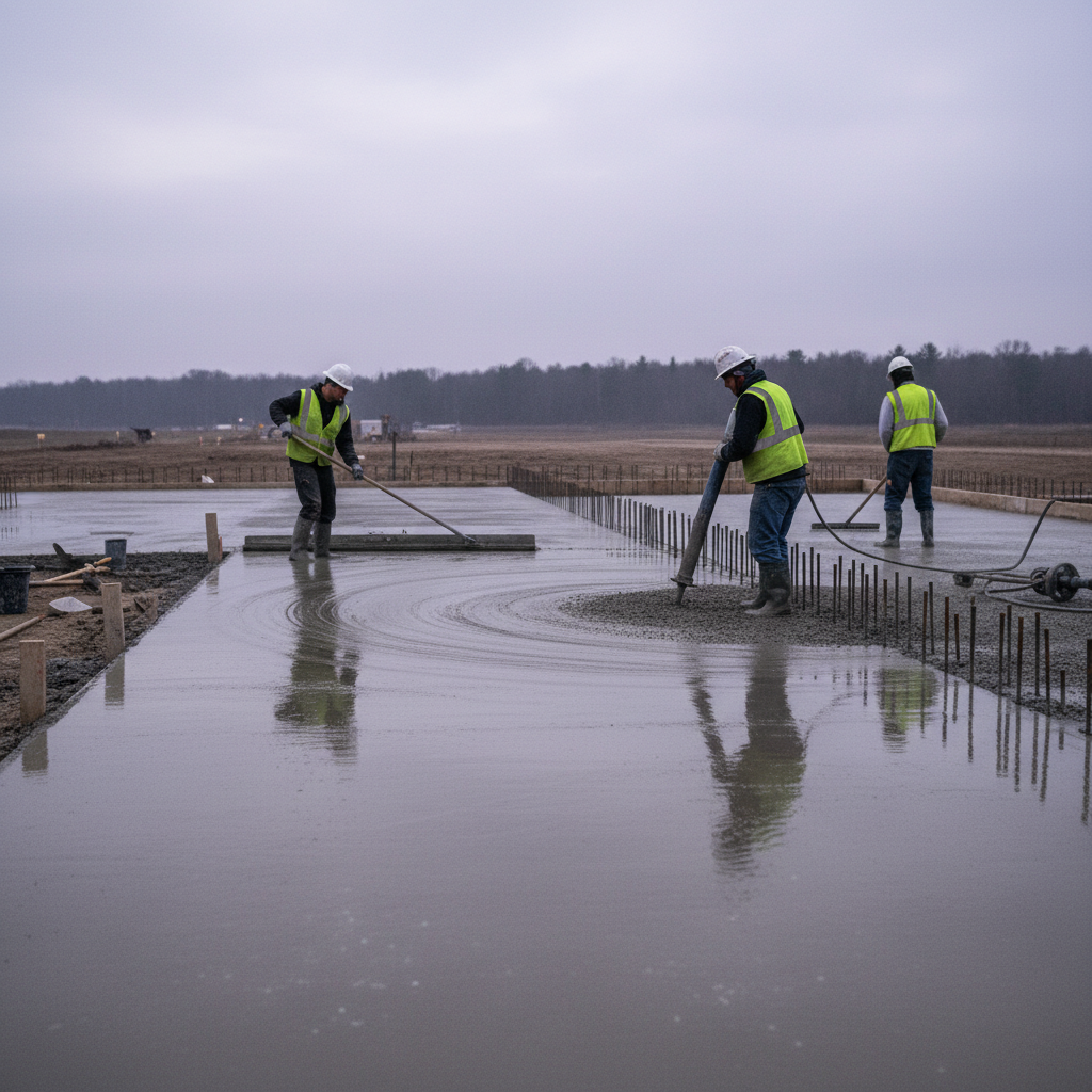 Crew placing premix concrete around rebar chairs and dowels with pump and bull float coordinated on site