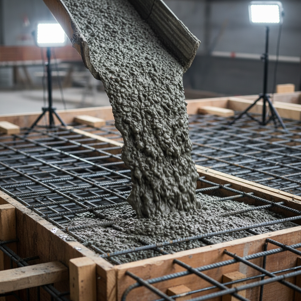 Close-up of premix concrete flowing over a 20M rebar grid and welded wire mesh during delivery and placement