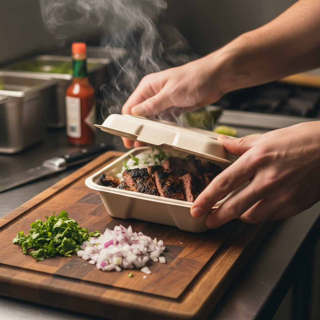 Close-up of hands packing hot Mexican grill takeout with charred carne asada and side salsas, demonstrating smart packing to avoid takeout mistakes