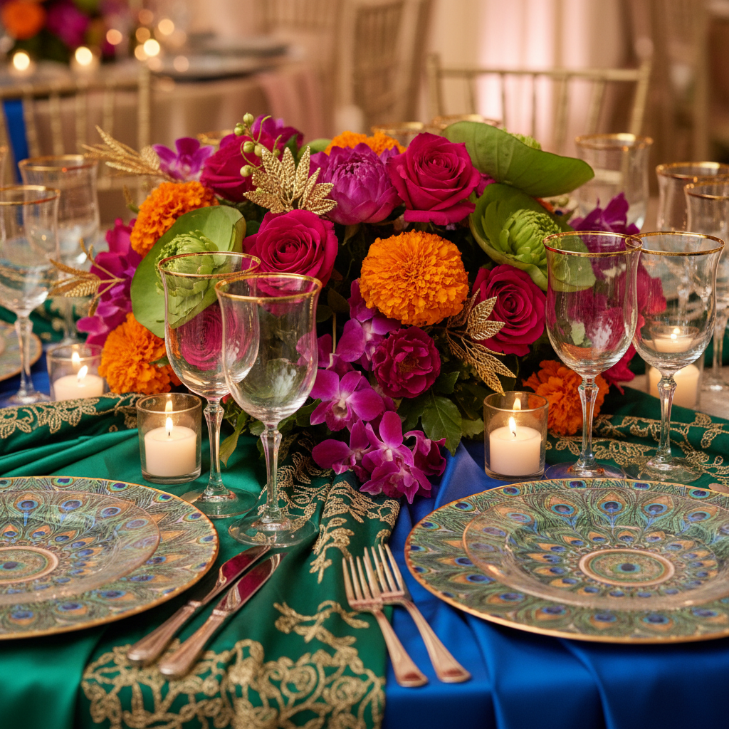 South Asian-inspired luxury tablescape by party organizers in London featuring vibrant florals, gold-rimmed glassware, and patterned charger plates