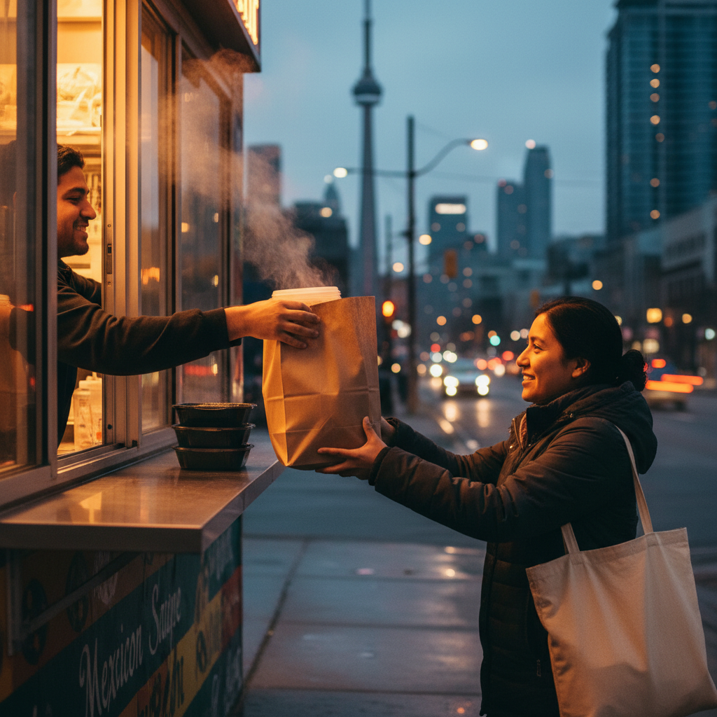 Customer picking up Mexican takeout at dusk in Toronto, illustrating fast handoff to avoid common takeout mistakes
