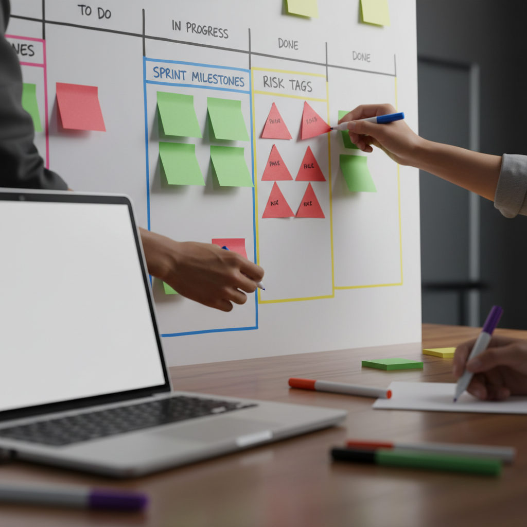 Close-up of a kanban board during corporate upskilling for project teams showing sprint milestones and risk tags