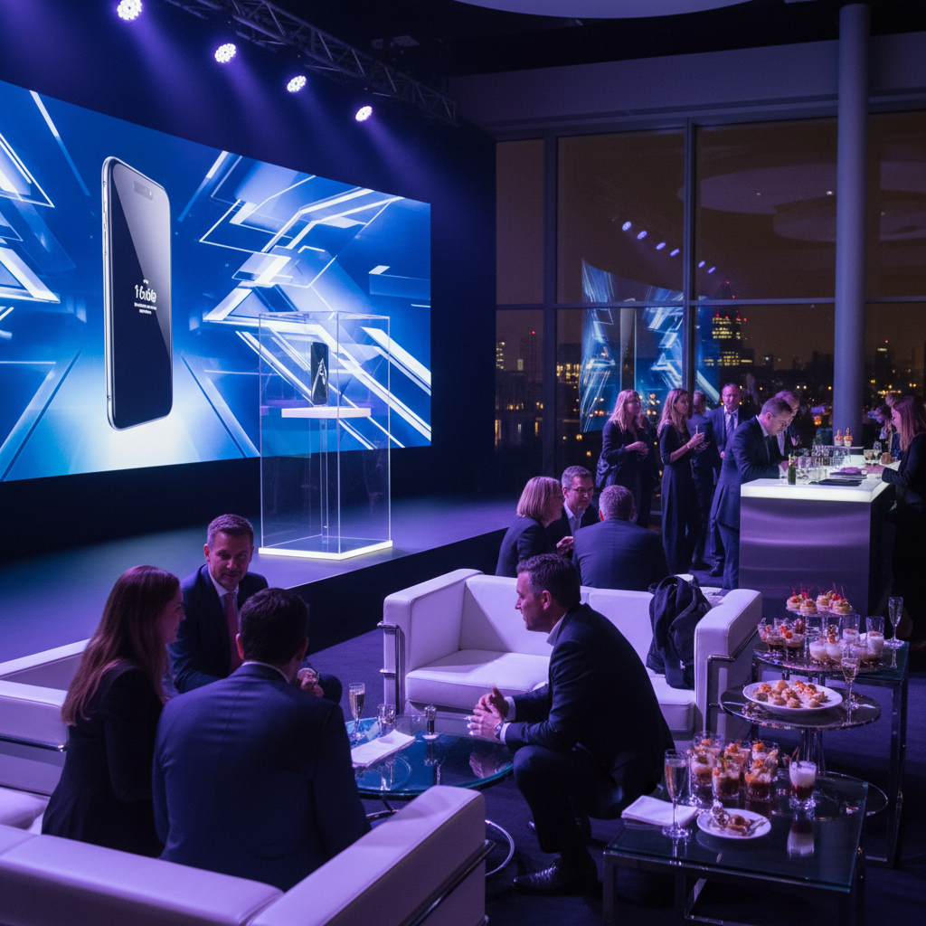 Corporate launch event scene in London with stage lighting, lounge seating, and guests networking, coordinated by party organizers in London