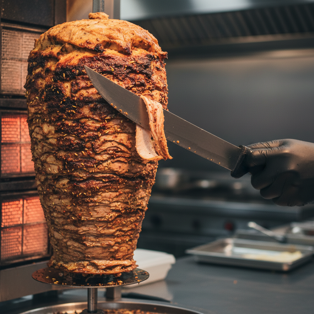 Close-up of shawarma carved for corporate lunch catering in Toronto, highlighting authentic Turkish flavors and crispy edges