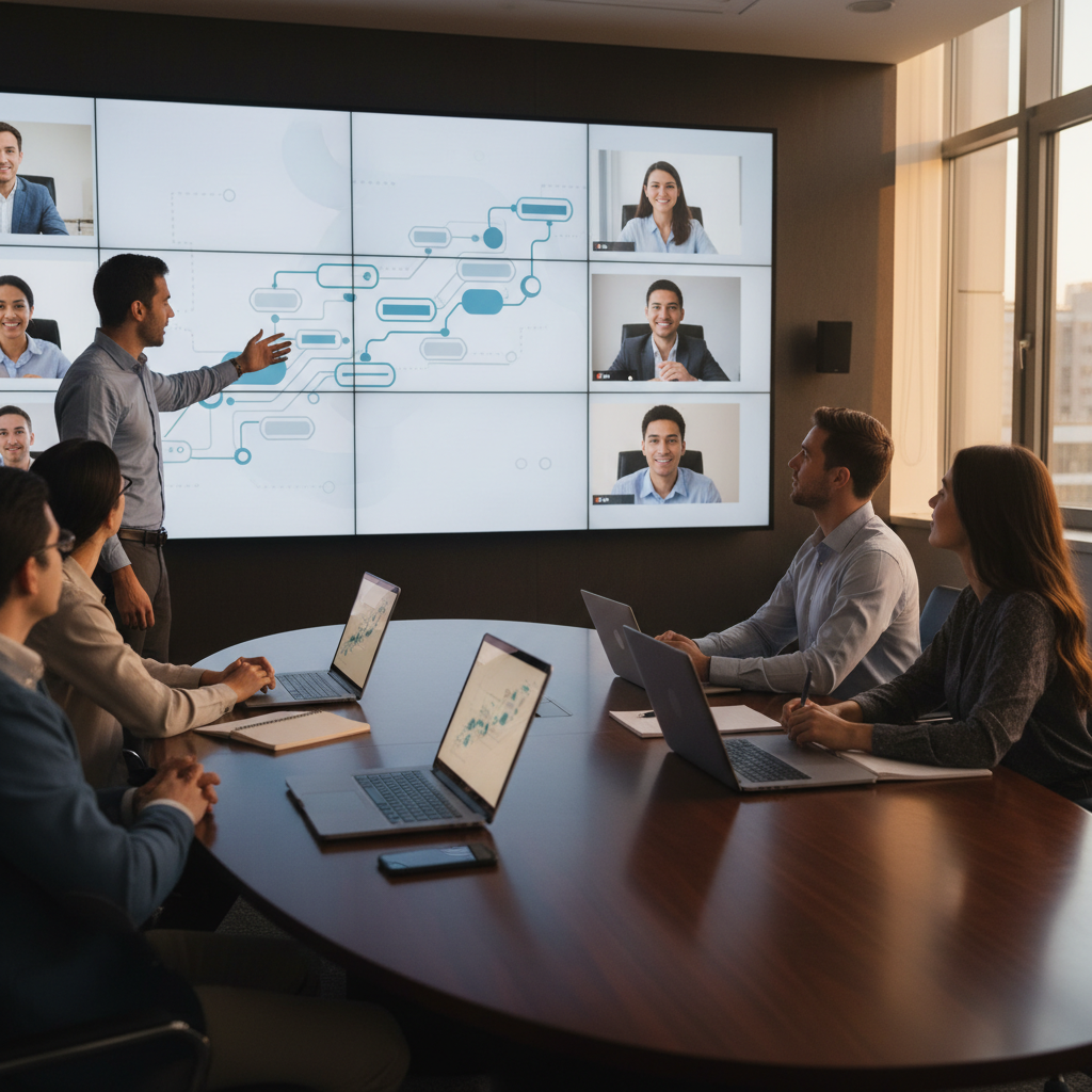Hybrid instructor-led training session for corporate upskilling with in-room and remote project team members collaborating