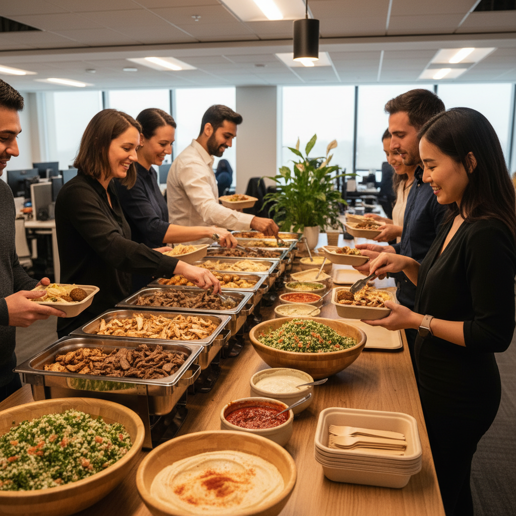 Office team serving from a build-your-own shawarma bar for corporate lunch catering in Toronto