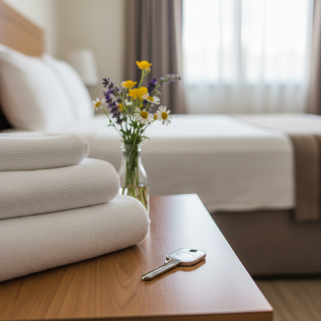 Clean motel essentials for cheap hotel rooms: folded towels, key, and flowers in a bright North Conway room