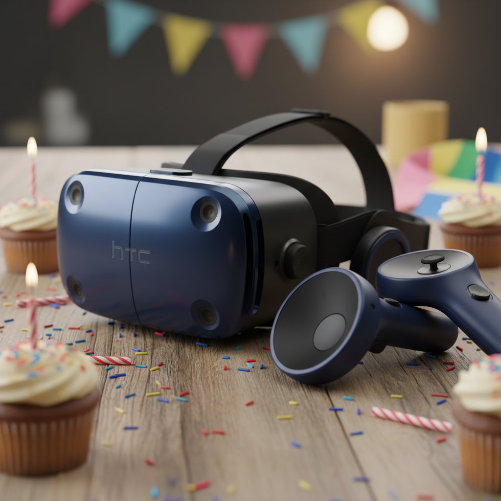 Close-up of HTC Vive Pro headset and controllers arranged with party decor for VR party room rentals in London Ontario