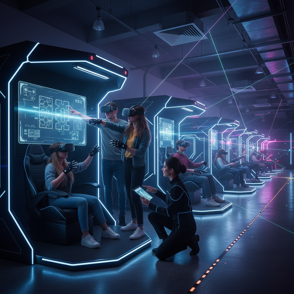 Guests using VR gaming pods while a staff member assists during a party room rental at a VR arcade in London Ontario