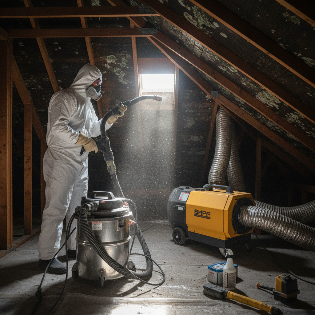 Attic mold remediation with HEPA vacuum and negative air machine during water damage restoration in Scarborough