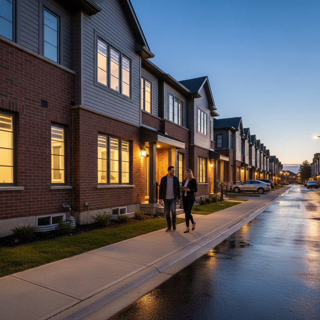 Mississauga street scene with townhouses and a couple touring with their agent, reflecting buyer tour strategy and negotiation timing