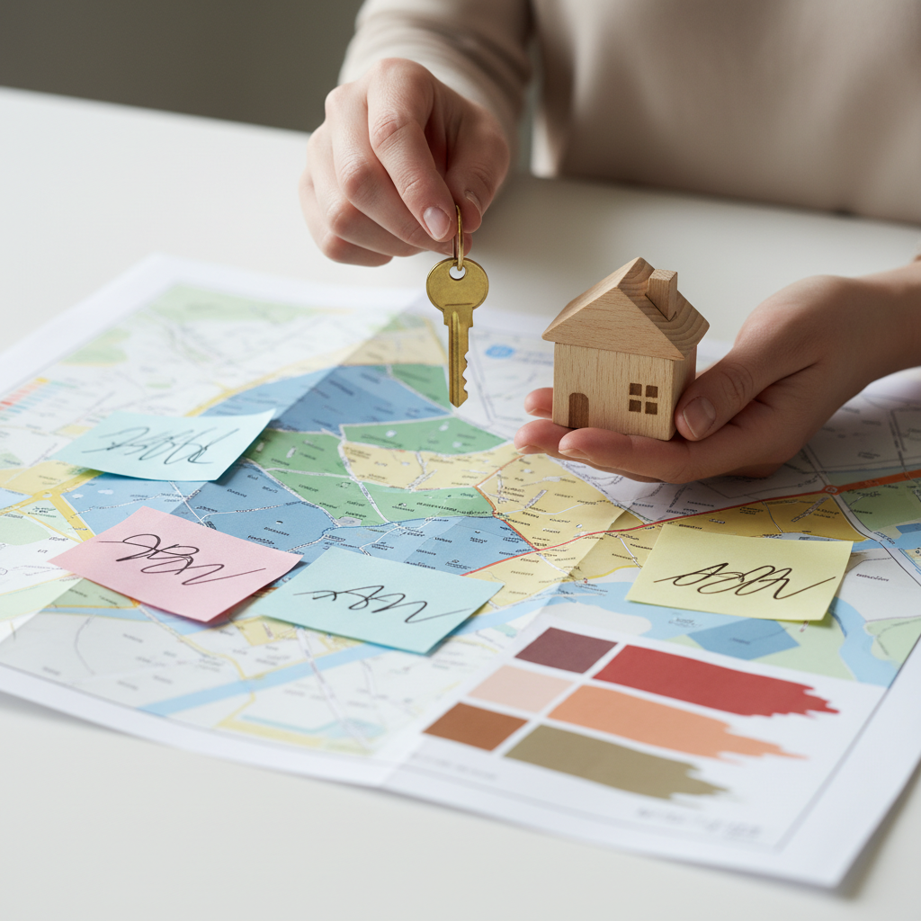 Close-up of house key and model home over a neighborhood map illustrating Mississauga buyer market report valuation checks