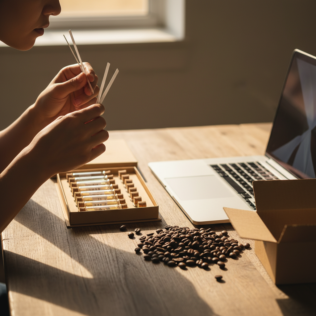 Lifestyle scene testing a discovery sample set from a niche fragrance brand with blotter strips on a desk