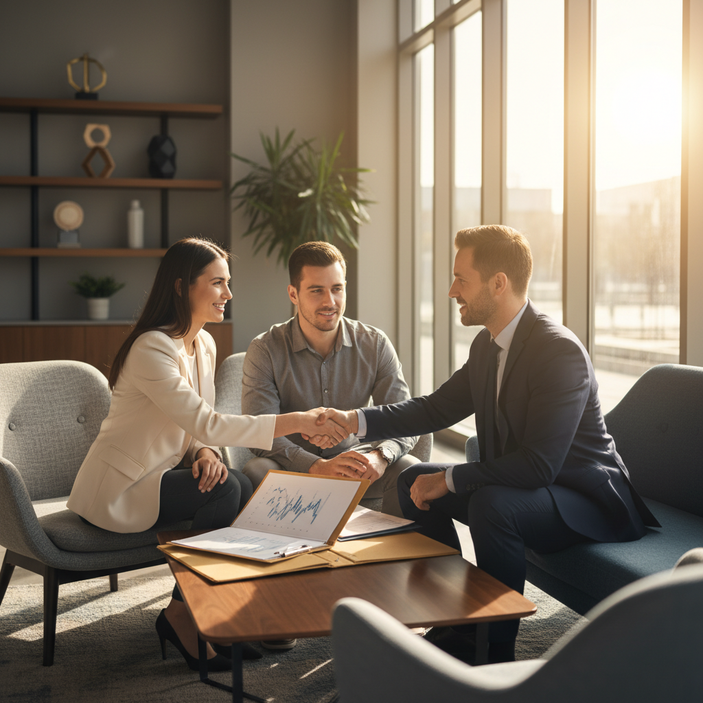 Mortgage broker meeting clients in a lounge, demonstrating end-to-end support to compare home loan lenders and finalize documents