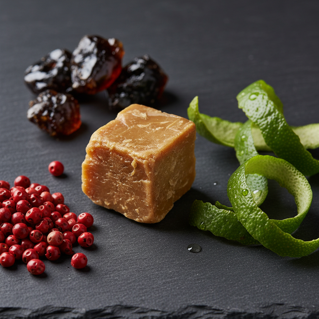 Close-up of orris root, bergamot peel, peppercorns, and labdanum resin for a niche fragrance brand ingredient story