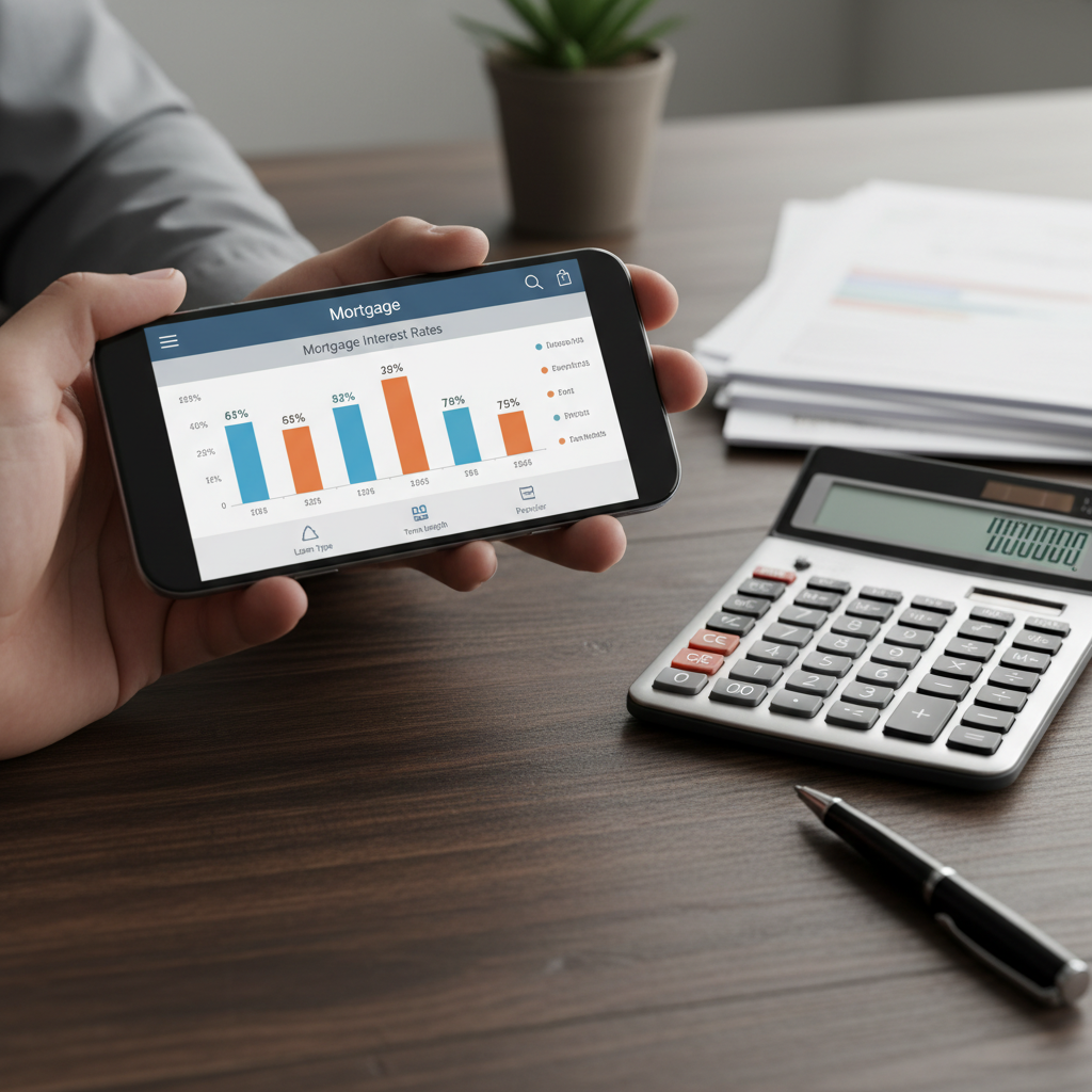 Close-up of smartphone showing mortgage rate comparison beside calculator and pen, illustrating how to compare home loan lenders online