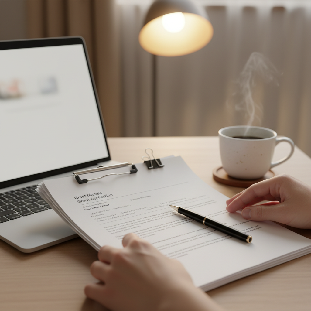 Close-up of organized grant application materials for Toronto founders using grant writing support for businesses