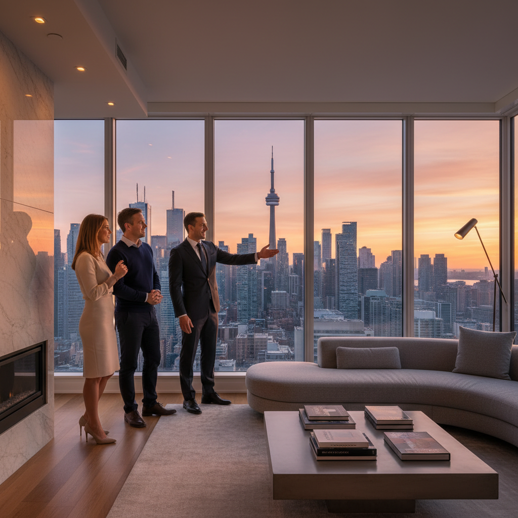 Penthouse living room in the GTA with luxury real estate agent highlighting skyline views at sunset