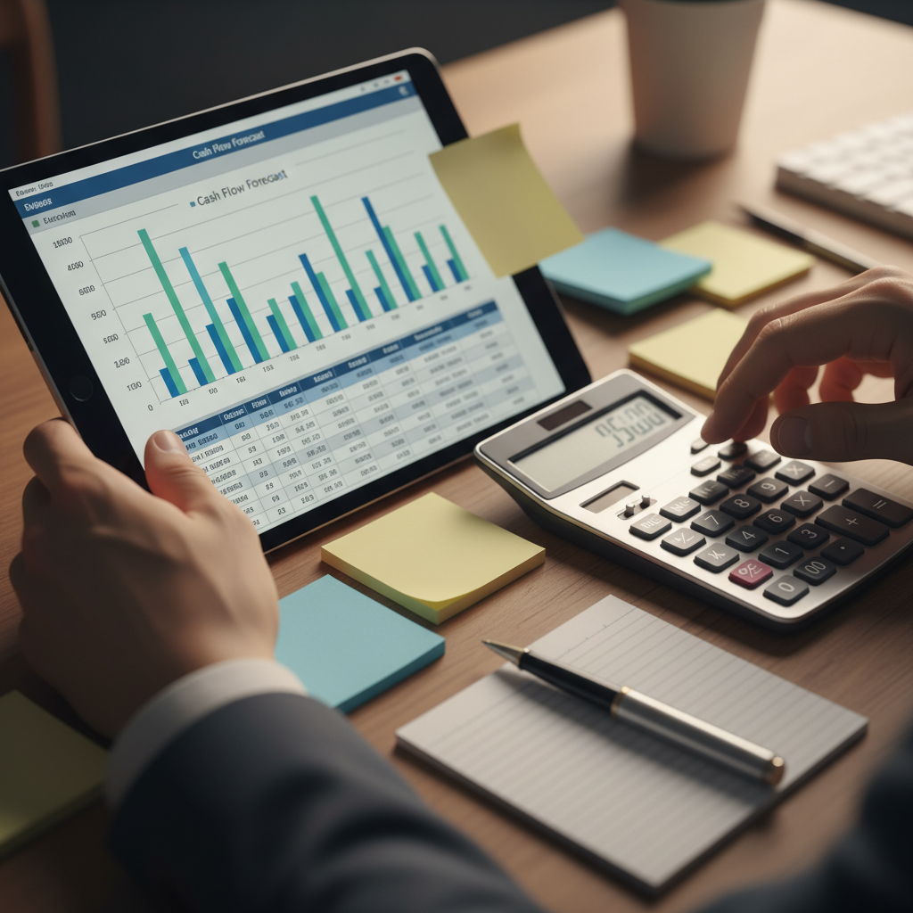 Close-up of cash flow forecast tools for financial advice for business owners: tablet charts, calculator, and pen organized for month-end processing