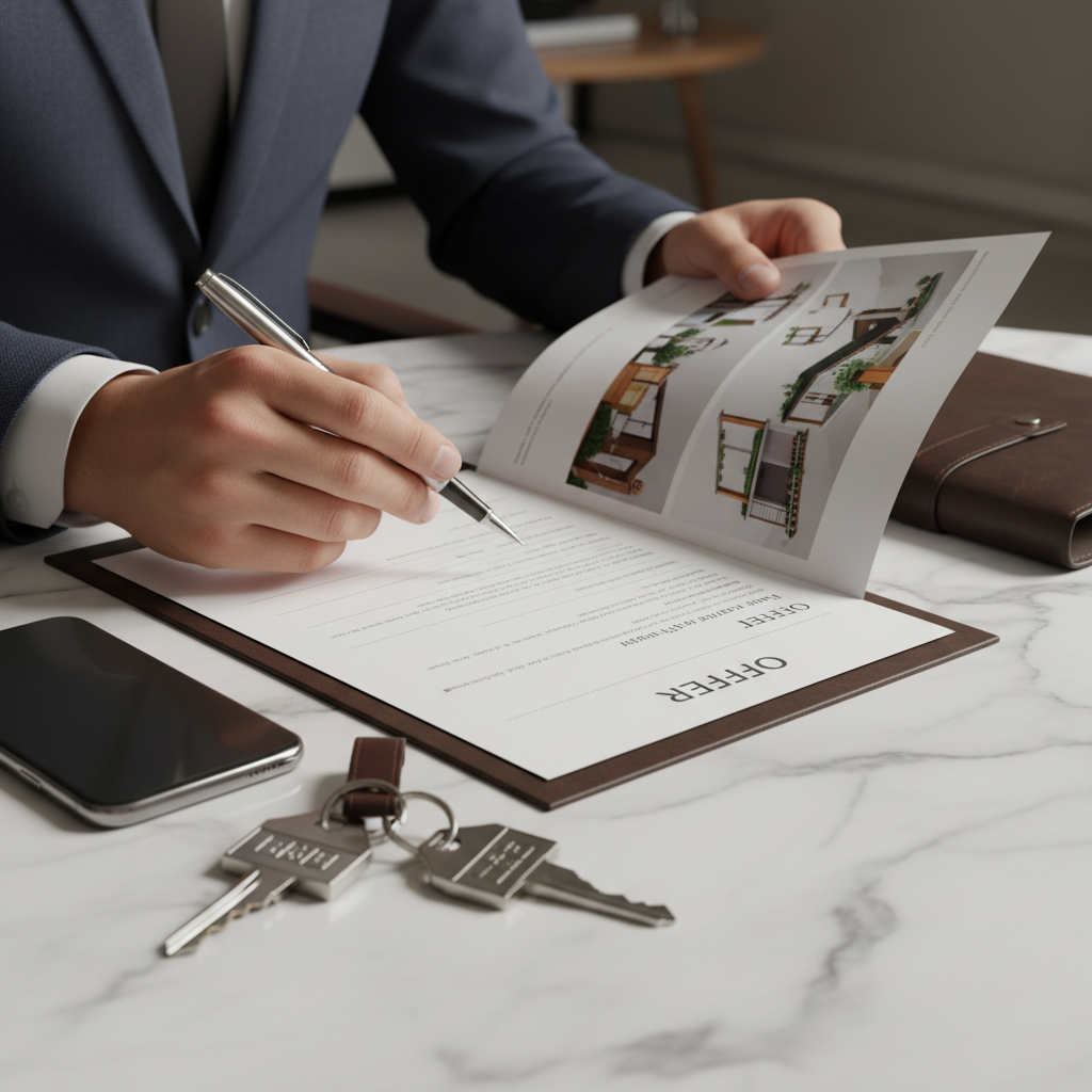 Luxury real estate agent reviewing high-end offer paperwork and keys on marble table in the GTA