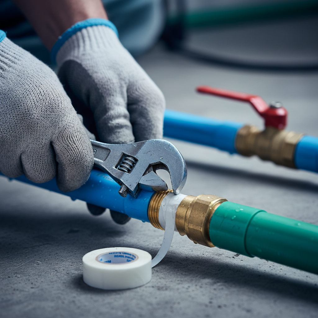 Close-up of Dubai plumber tightening brass fitting on PEX line, part of plumbing works in Dubai