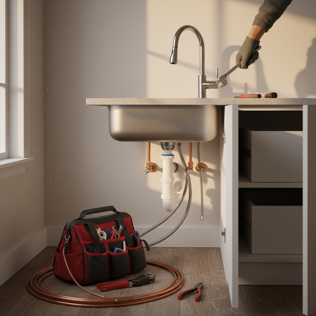 Kitchen sink and faucet installation during plumbing works in Dubai apartment
