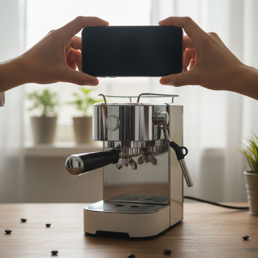 Close-up of hands photographing a kitchen appliance for a free classified ad in Canada, showing best-practice product photography for Canada Telugu Classifieds