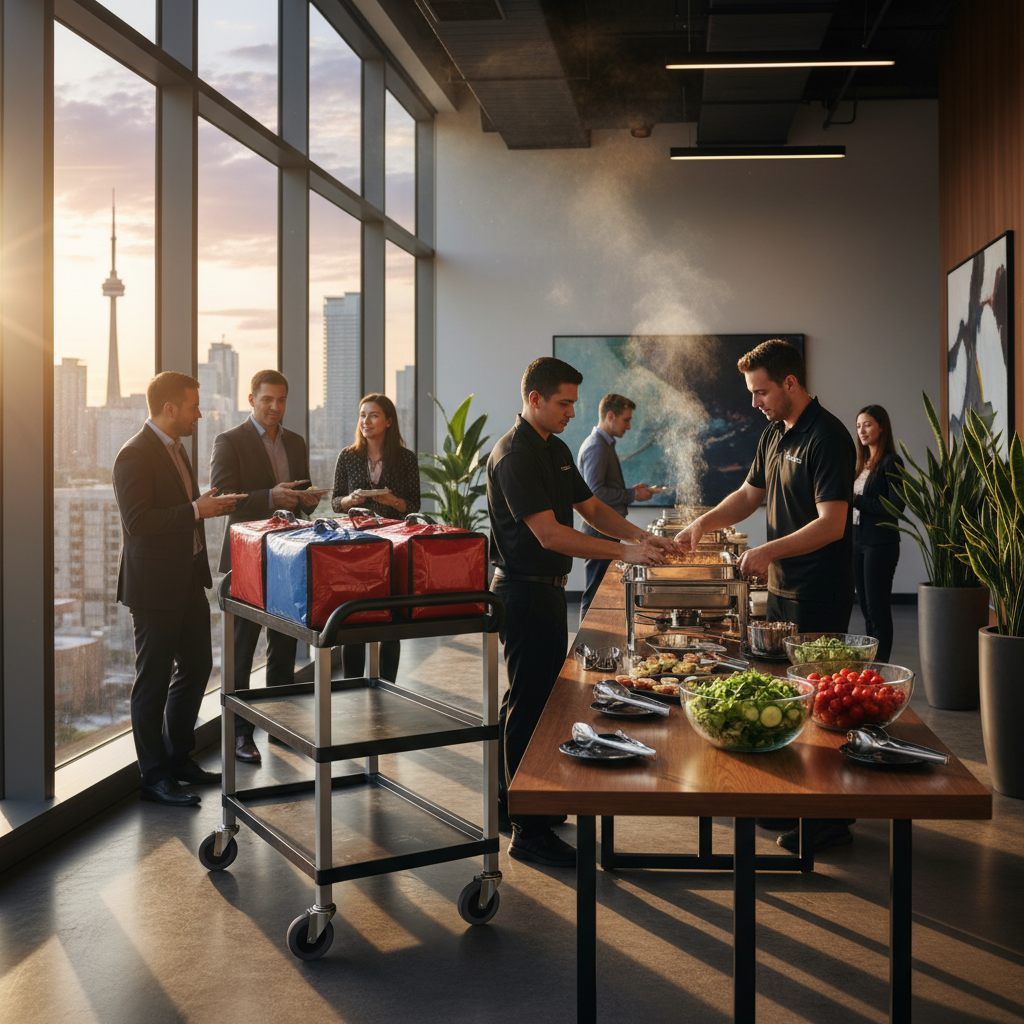 Catering delivery and buffet setup for a company event in a Toronto office lobby
