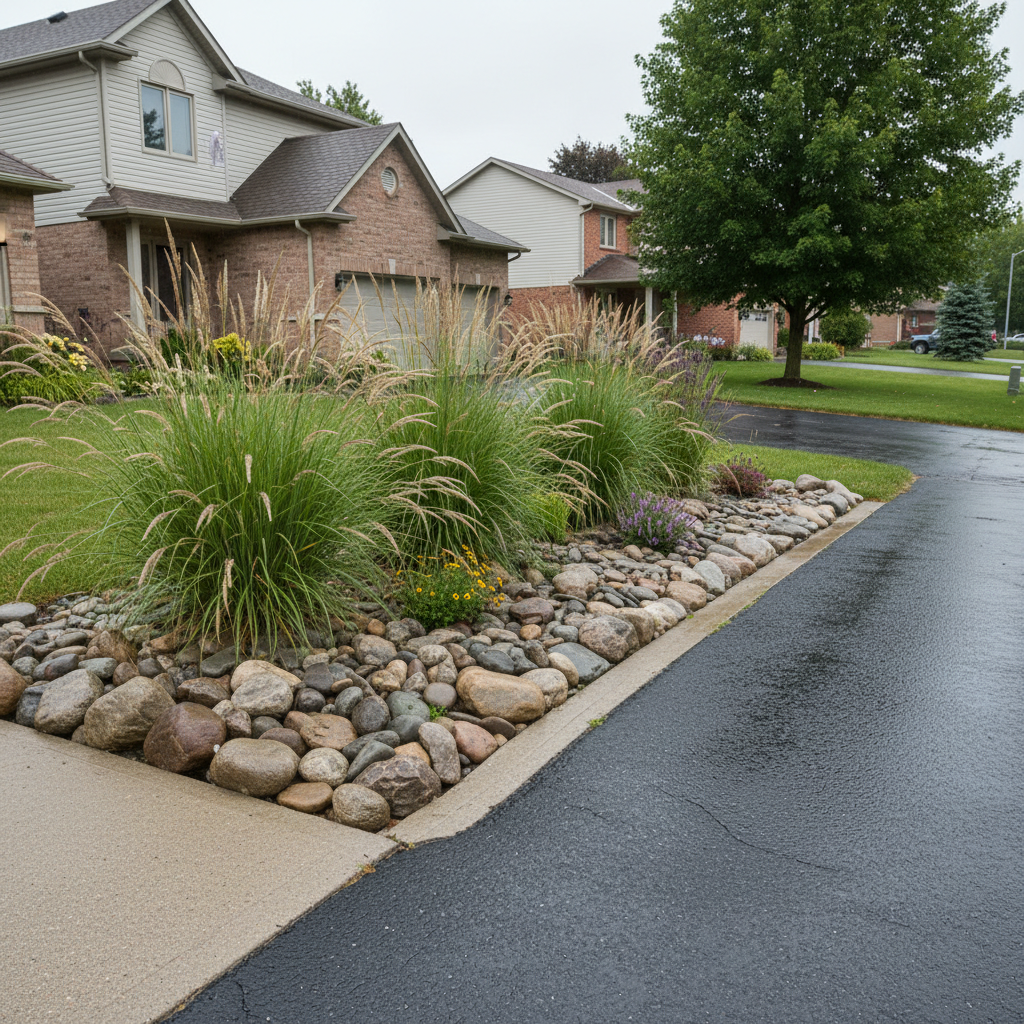 Front-yard rain garden beside a Mississauga driveway with river stones and grasses managing stormwater