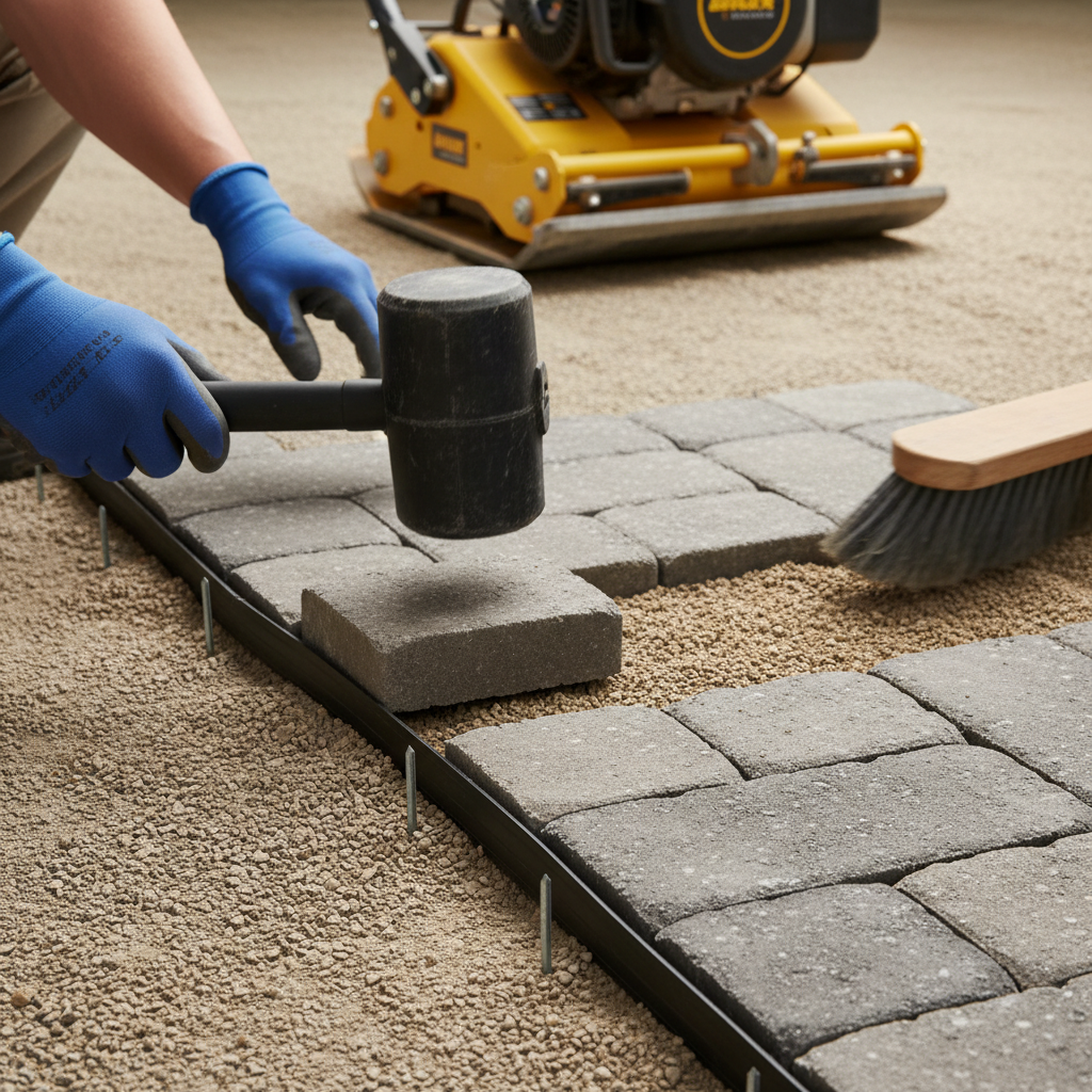 Close-up of interlocking pavers installation with compacted base and edge restraints in a Mississauga front yard