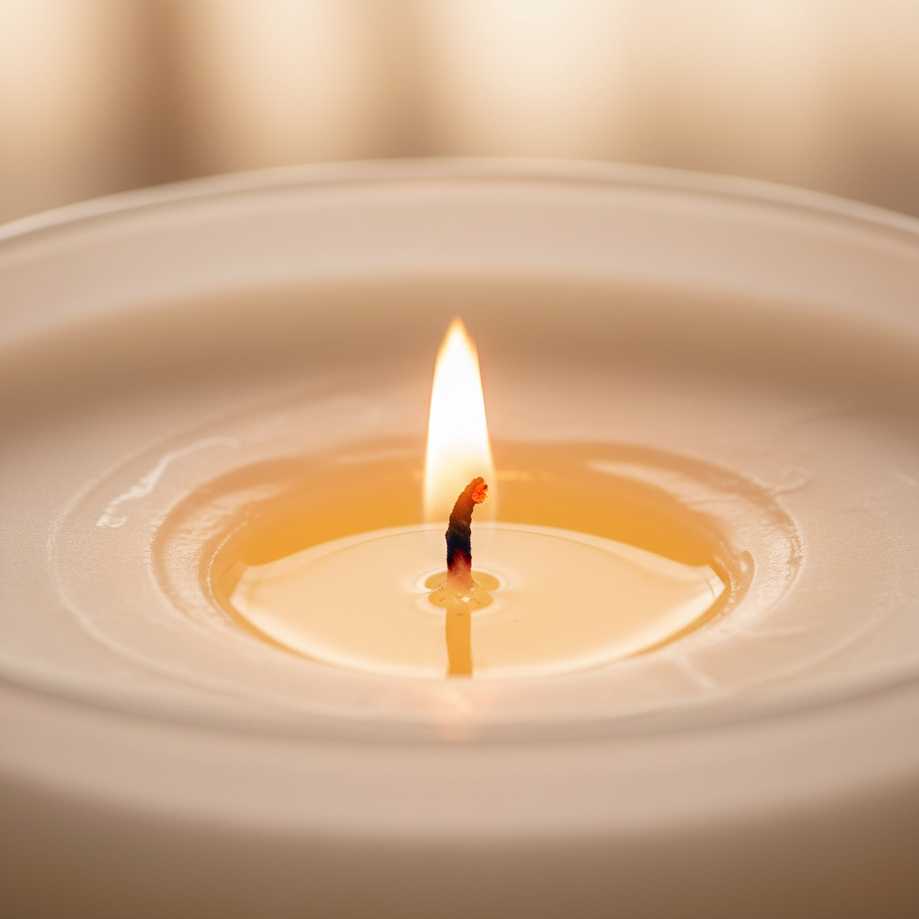 Close-up of a clean-burning soy, coconut, and apricot wax candle with a trimmed wick and calm flame for a birthday gift box