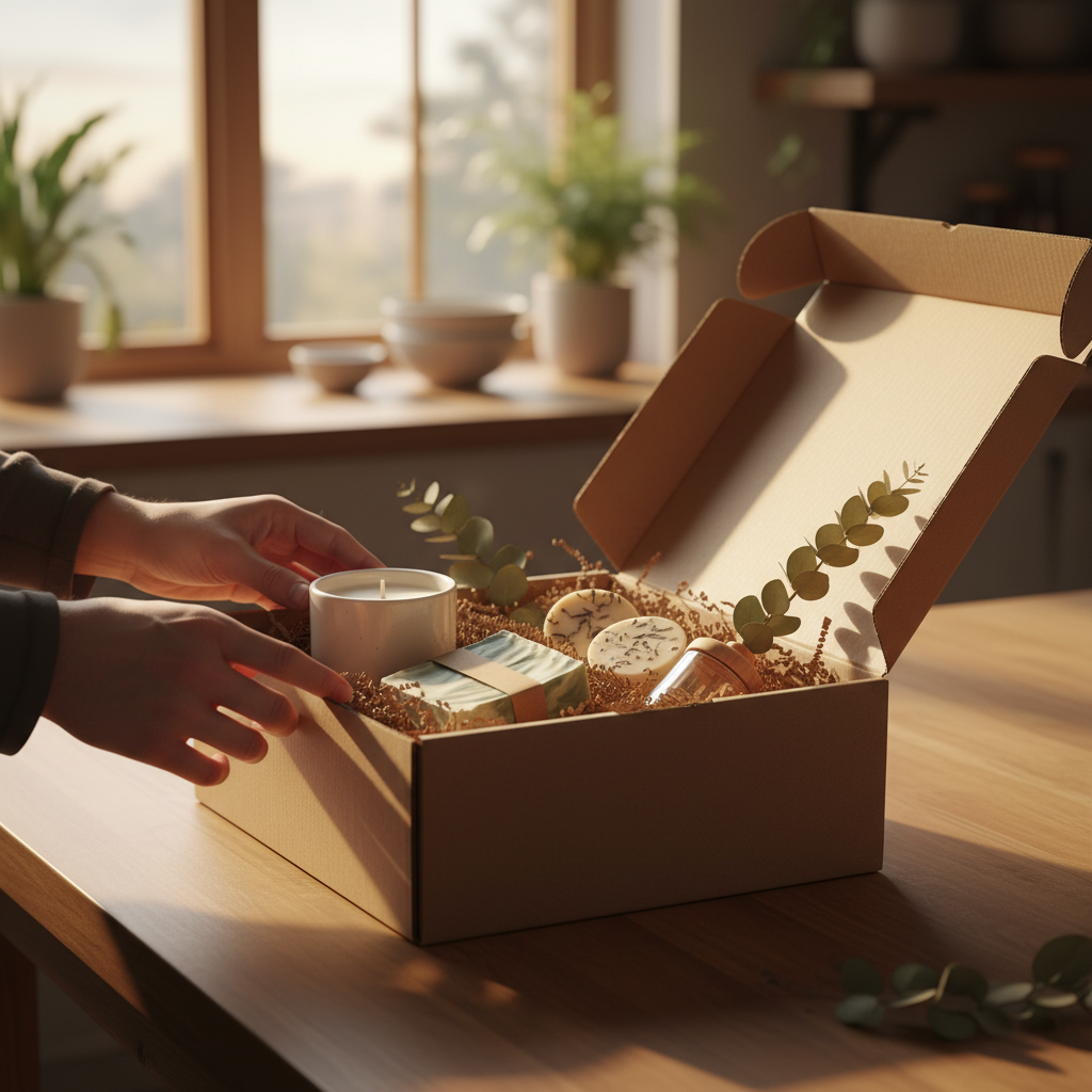 Hands assembling a birthday gift box with candle, handmade soap, wax melts, and a car diffuser on a kitchen island in Texas