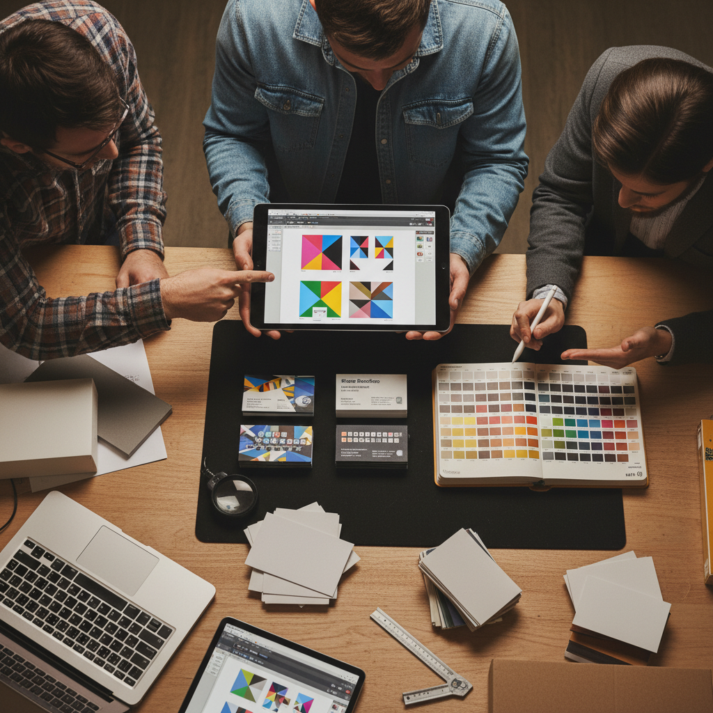 Team comparing a digital PDF proof to physical card samples and CMYK swatches at a Mississauga print counter